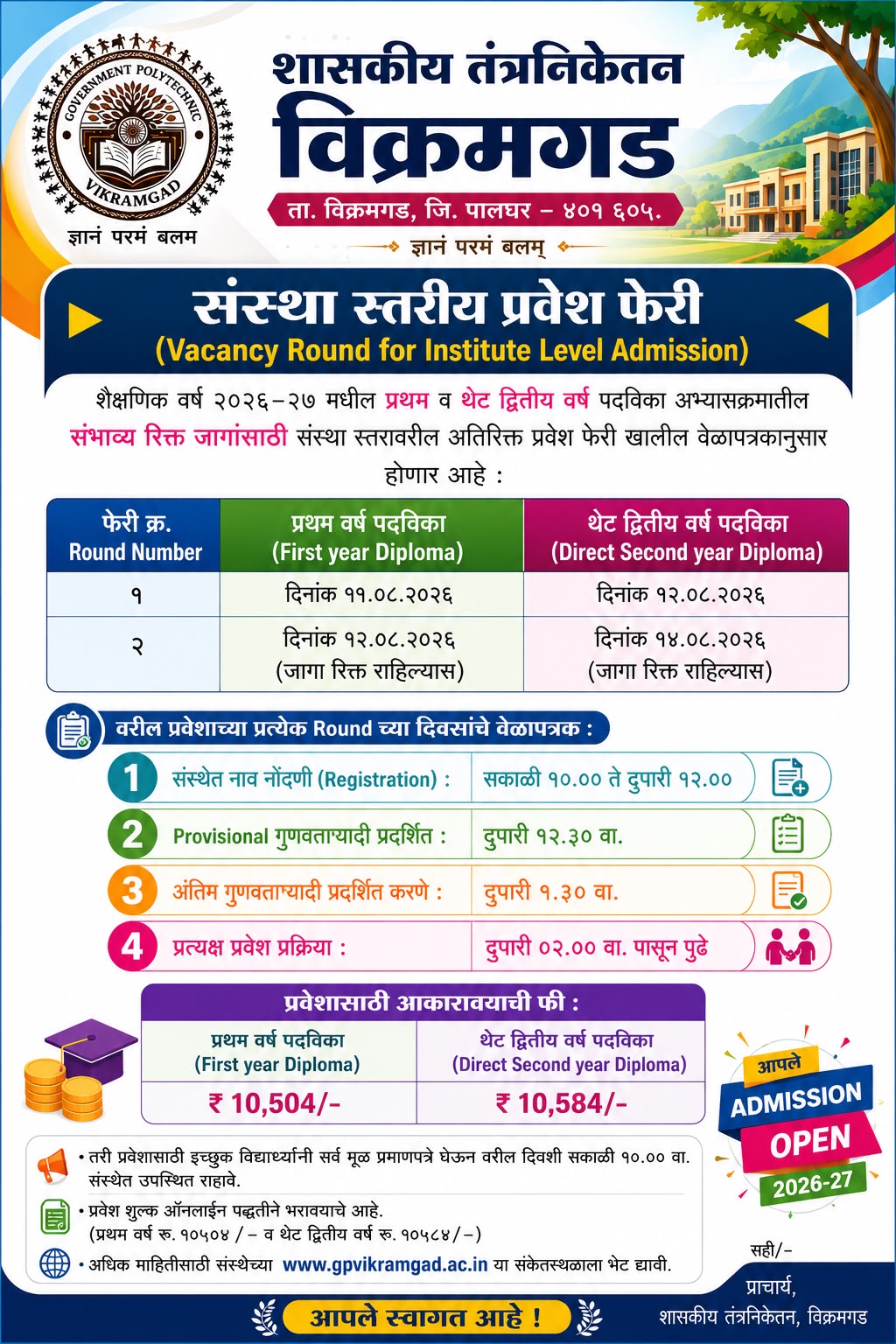 Institute Level Vacancy Round Admission 2026-27, Government Polytechnic Vikramgad
